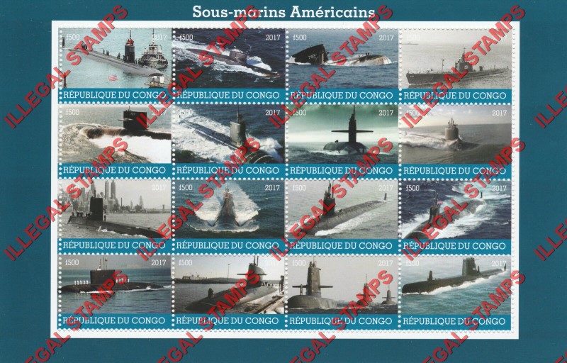 Congo Republic 2017 Submarines Illegal Stamp Sheet of 16 Congo Republic 2017 Submarines Illegal Stamp Sheet of 16
