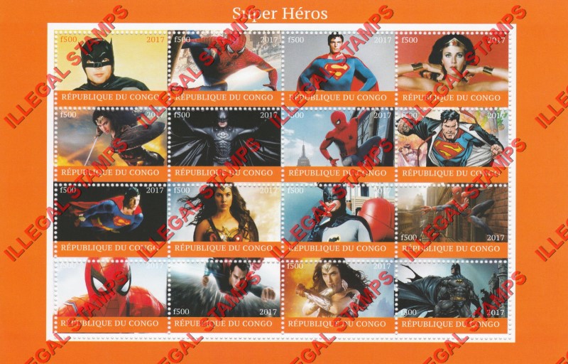 Congo Republic 2017 Super Heroes Illegal Stamp Sheet of 16 Congo Republic 2017 Super Heroes Illegal Stamp Sheet of 16
