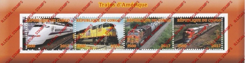 Congo Republic 2017 Trains in America Illegal Stamp Souvenir Sheet of 4 Congo Republic 2017 Trains in America Illegal Stamp Souvenir Sheet of 4