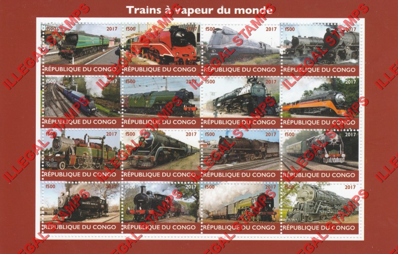 Congo Republic 2017 Steam Trains Illegal Stamp Sheet of 16 Congo Republic 2017 Steam Trains Illegal Stamp Sheet of 16