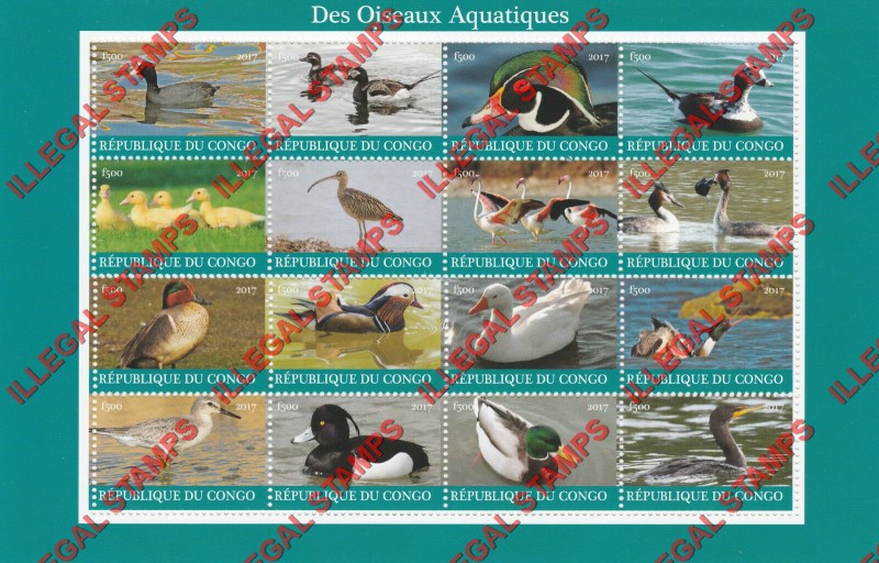 Congo Republic 2017 Water Birds Illegal Stamp Sheet of 16 Congo Republic 2017 Water Birds Illegal Stamp Sheet of 16