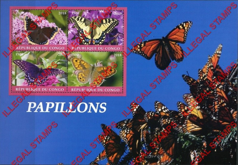 Congo Republic 2018 Butterflies Illegal Stamp Souvenir Sheet of 4 Congo Republic 2018 Butterflies Illegal Stamp Souvenir Sheet of 4