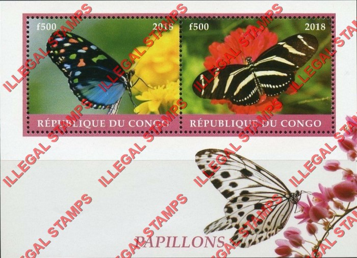 Congo Republic 2018 Butterflies Illegal Stamp Souvenir Sheet of 2 Congo Republic 2018 Butterflies Illegal Stamp Souvenir Sheet of 2
