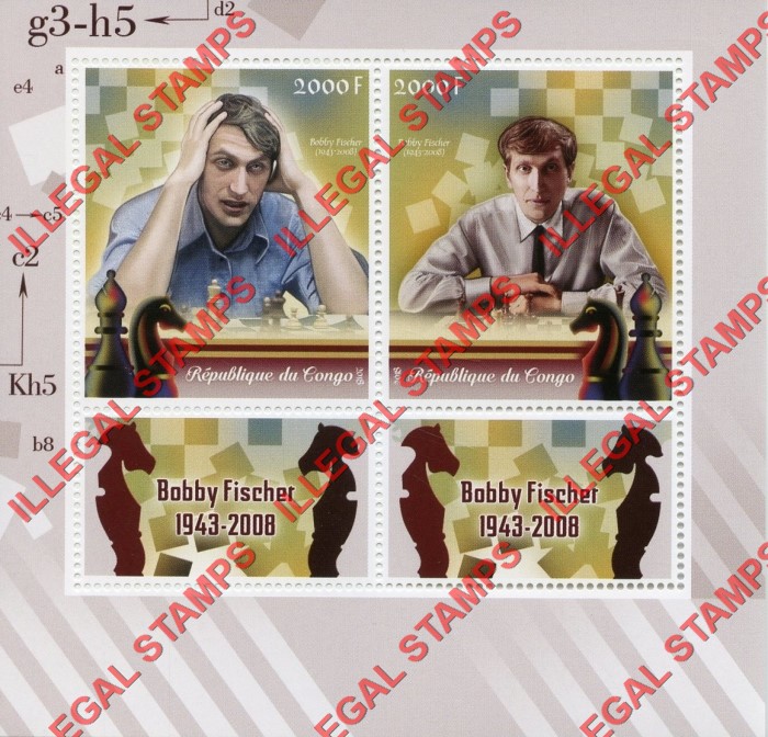 Congo Republic 2018 Chess Bobby Fischer Illegal Stamp Souvenir Sheet of 2 Congo Republic 2018 Chess Bobby Fischer Illegal Stamp Souvenir Sheet of 2