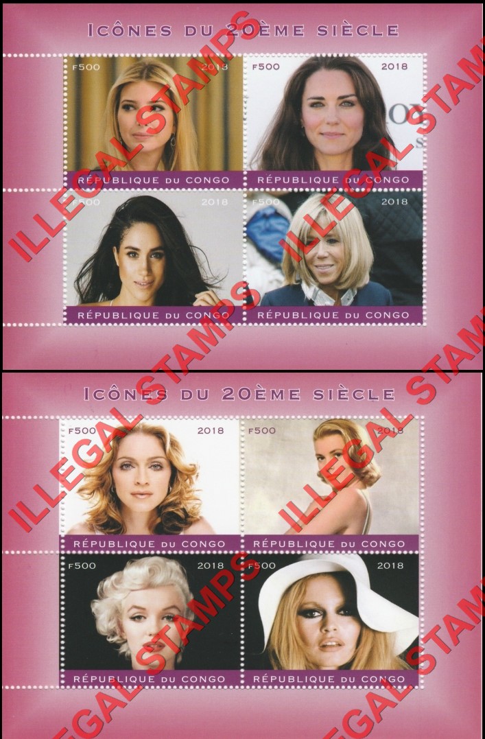 Congo Republic 2018 Female Icons of the 20th Century Illegal Stamp Souvenir Sheets of 4 Congo Republic 2018 Female Icons of the 20th Century Illegal Stamp Souvenir Sheets of 4