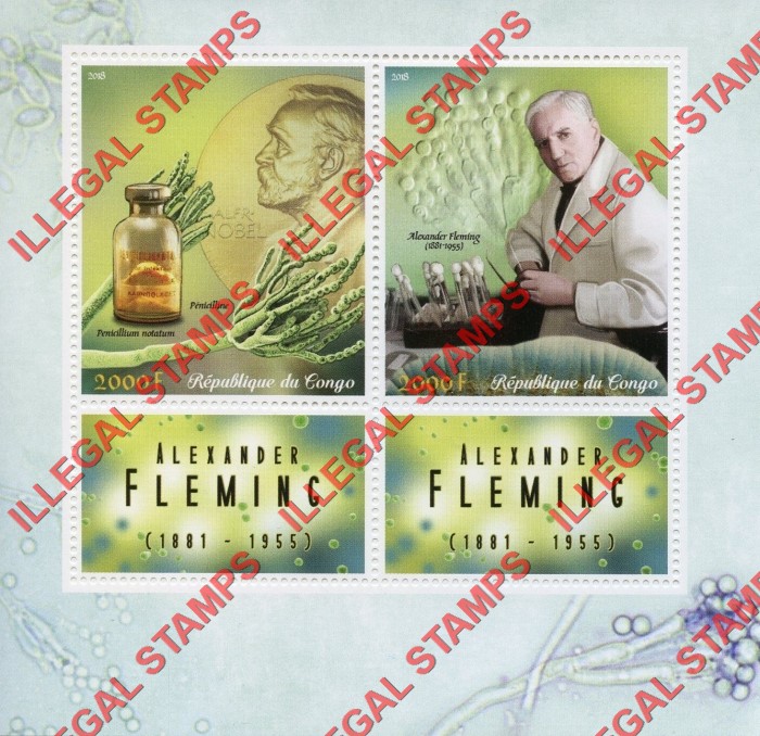 Congo Republic 2018 Alexander Fleming Illegal Stamp Souvenir Sheet of 2 Congo Republic 2018 Alexander Fleming Illegal Stamp Souvenir Sheet of 2
