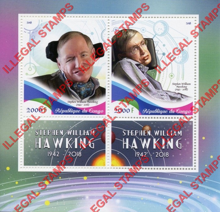 Congo Republic 2018 Stephen Hawking Illegal Stamp Souvenir Sheet of 2 Congo Republic 2018 Stephen Hawking Illegal Stamp Souvenir Sheet of 2