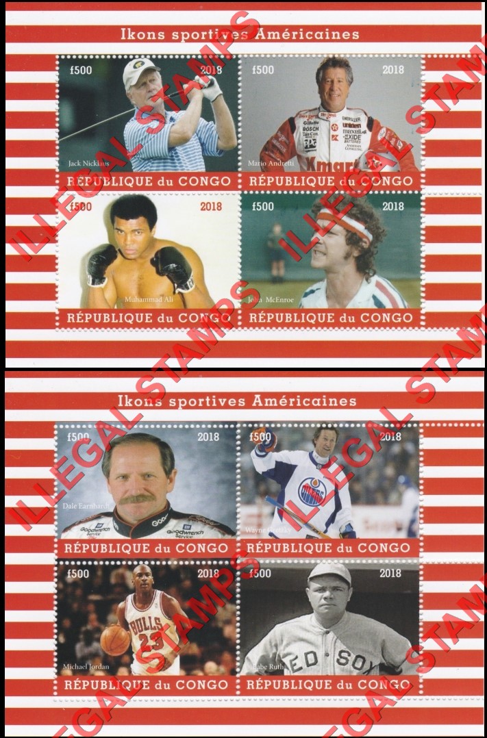 Congo Republic 2018 Icons in American Sports Illegal Stamp Souvenir Sheets of 4 Congo Republic 2018 Icons in American Sports Illegal Stamp Souvenir Sheets of 4
