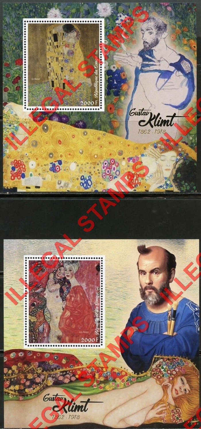 Congo Republic 2018 Paintings Klimt Illegal Stamp Souvenir Sheets of 1 Congo Republic 2018 Paintings Klimt Illegal Stamp Souvenir Sheets of 1