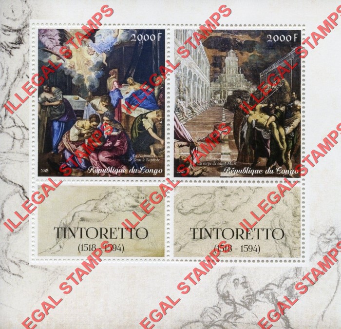 Congo Republic 2018 Paintings Tintoretto Illegal Stamp Souvenir Sheet of 2 Congo Republic 2018 Paintings Tintoretto Illegal Stamp Souvenir Sheet of 2