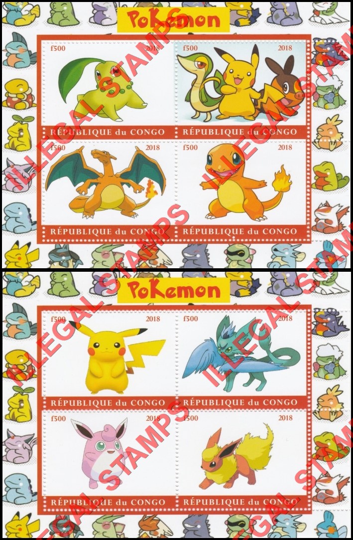 Congo Republic 2018 Pokemon Illegal Stamp Souvenir Sheets of 4 Congo Republic 2018 Pokemon Illegal Stamp Souvenir Sheets of 4