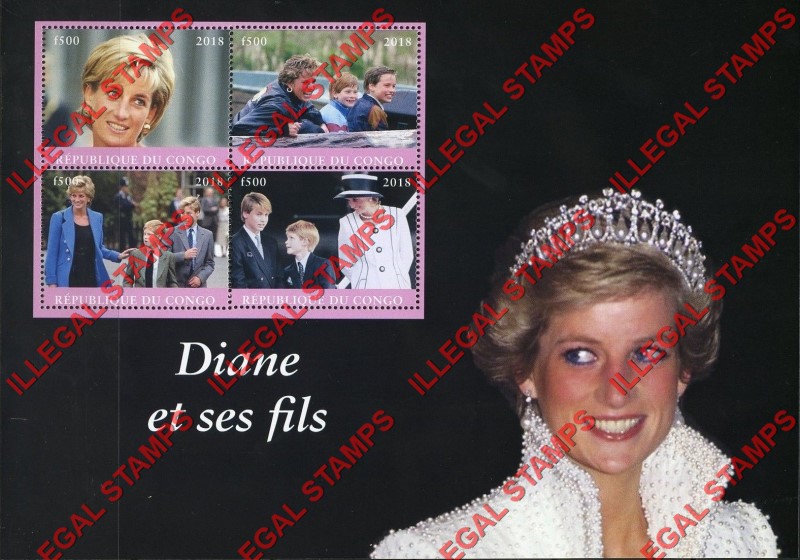 Congo Republic 2018 Princess Diana Illegal Stamp Souvenir Sheet of 4 Congo Republic 2018 Princess Diana Illegal Stamp Souvenir Sheet of 4