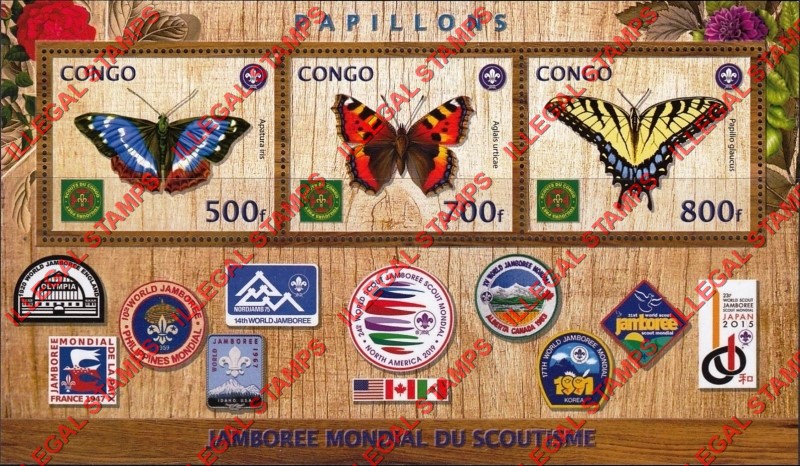 Congo Republic 2018 Scouts and Butterflies Illegal Stamp Souvenir Sheet of 3 Congo Republic 2018 Scouts and Butterflies Illegal Stamp Souvenir Sheet of 3