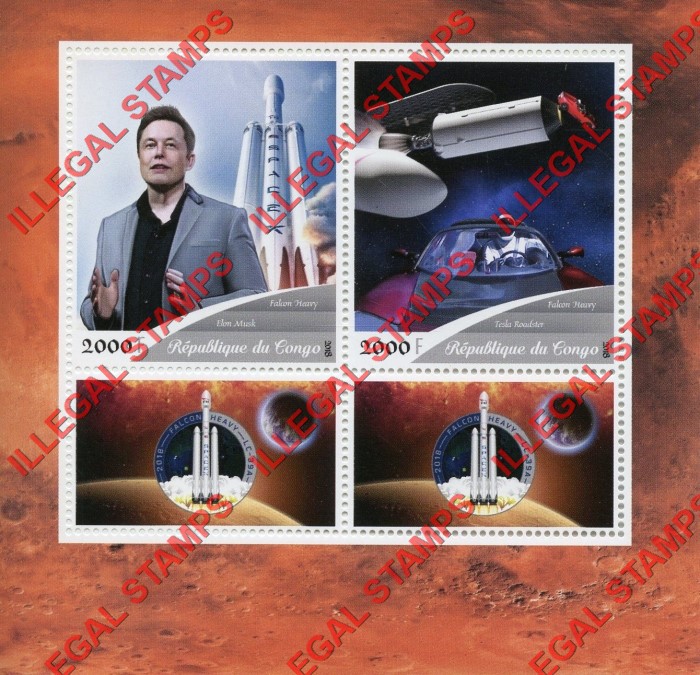 Congo Republic 2018 Space Falcon Heavy Illegal Stamp Souvenir Sheet of 2 Congo Republic 2018 Space Falcon Heavy Illegal Stamp Souvenir Sheet of 2