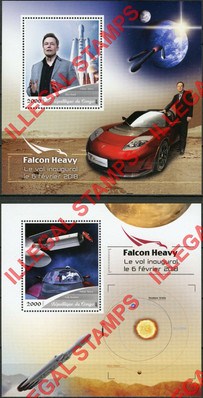 Congo Republic 2018 Space Falcon Heavy Illegal Stamp Souvenir Sheets of 1 Congo Republic 2018 Space Falcon Heavy Illegal Stamp Souvenir Sheets of 1
