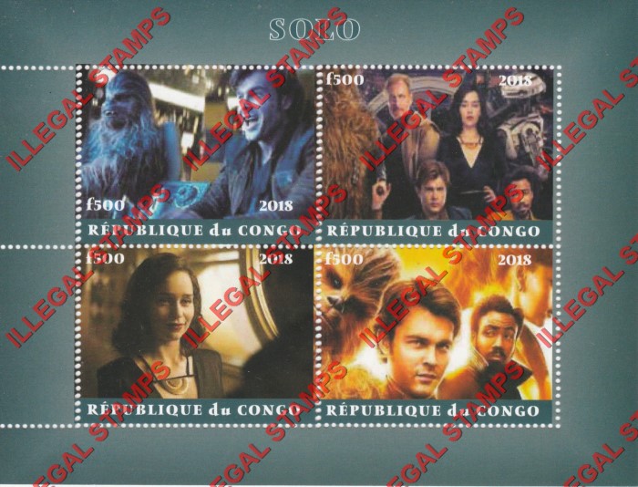 Congo Republic 2018 Star Wars Hans Solo Illegal Stamp Souvenir Sheet of 4 Congo Republic 2018 Star Wars Hans Solo Illegal Stamp Souvenir Sheet of 4