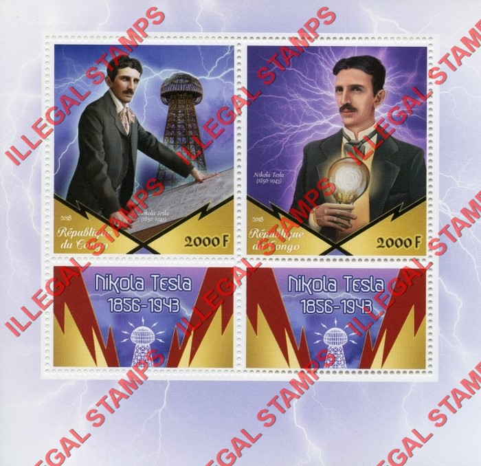 Congo Republic 2018 Nikola Tesla Illegal Stamp Souvenir Sheet of 2 Congo Republic 2018 Nikola Tesla Illegal Stamp Souvenir Sheet of 2