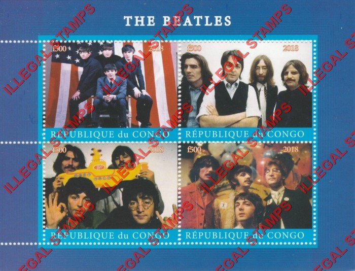 Congo Republic 2018 The Beatles Illegal Stamp Souvenir Sheet of 4 Congo Republic 2018 The Beatles Illegal Stamp Souvenir Sheet of 4
