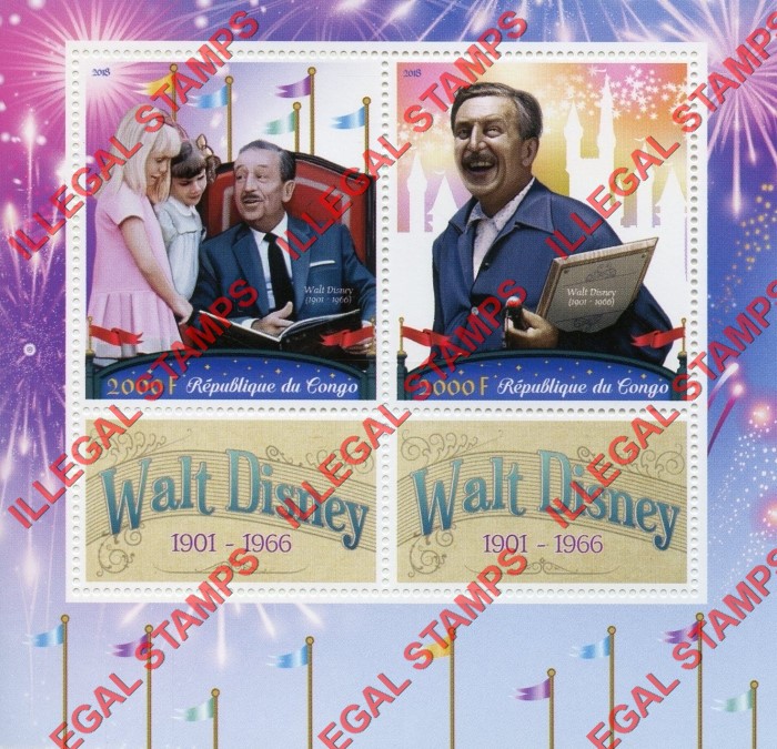Congo Republic 2018 Walt Disney Illegal Stamp Souvenir Sheet of 2 Congo Republic 2018 Walt Disney Illegal Stamp Souvenir Sheet of 2