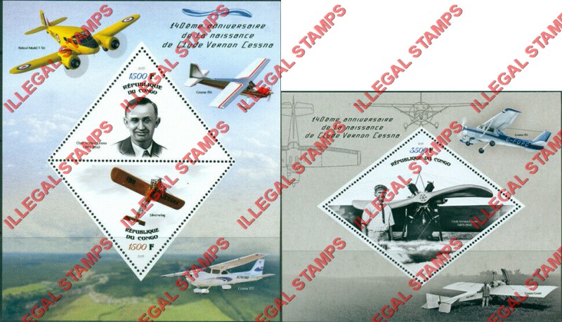 Congo Republic 2019 Cessna Planes Illegal Stamp Souvenir Sheets of 2 and 1 Congo Republic 2019 Cessna Planes Illegal Stamp Souvenir Sheets of 2 and 1