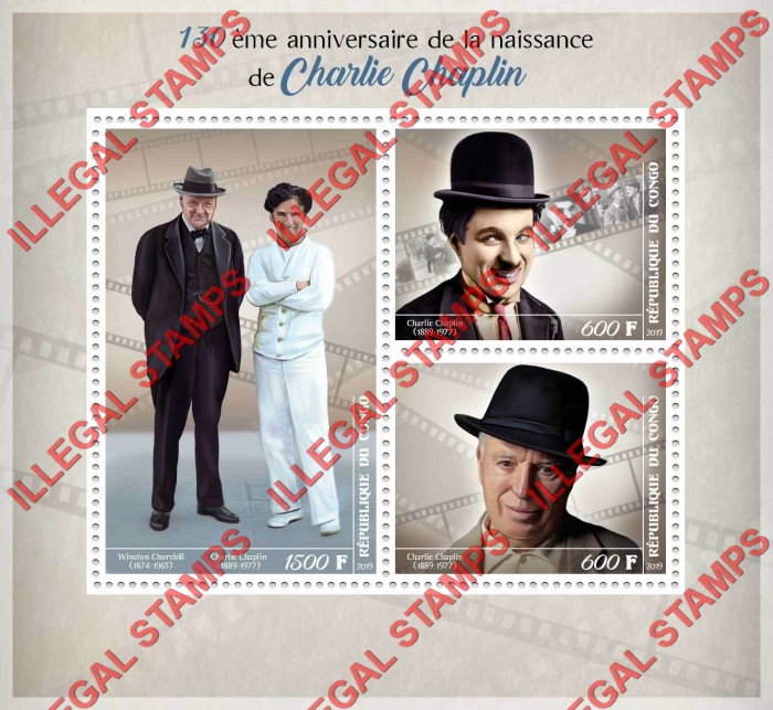 Congo Republic 2019 Charlie Chaplin Illegal Stamp Souvenir Sheet of 3 Congo Republic 2019 Charlie Chaplin Illegal Stamp Souvenir Sheet of 3