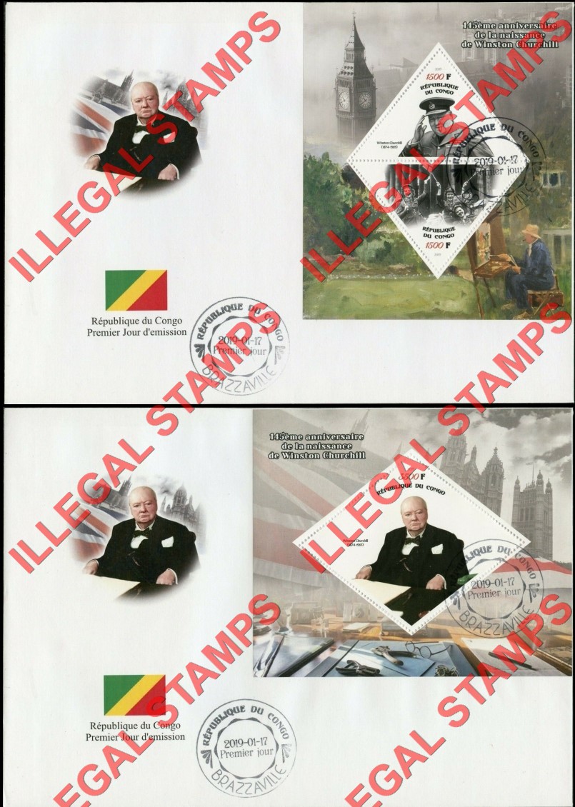 Congo Republic 2019 Winston Churchill Illegal Stamp Souvenir Sheets of 2 and 1 on Fake First Day Covers Congo Republic 2019 Winston Churchill Illegal Stamp Souvenir Sheets of 2 and 1 on Fake First Day Covers