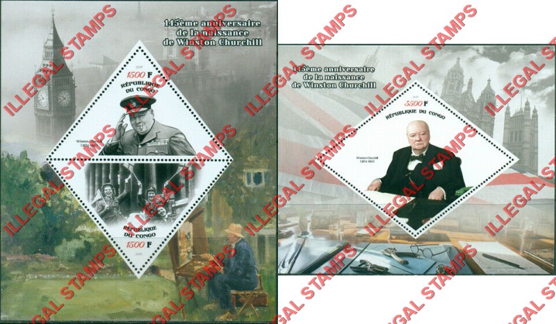 Congo Republic 2019 Winston Churchill Illegal Stamp Souvenir Sheets of 2 and 1 Congo Republic 2019 Winston Churchill Illegal Stamp Souvenir Sheets of 2 and 1