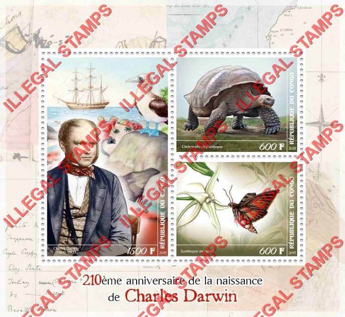 Congo Republic 2019 Charles Darwin Illegal Stamp Souvenir Sheet of 3 Congo Republic 2019 Charles Darwin Illegal Stamp Souvenir Sheet of 3