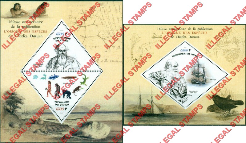 Congo Republic 2019 Charles Darwin Illegal Stamp Souvenir Sheets of 2 and 1 Congo Republic 2019 Charles Darwin Illegal Stamp Souvenir Sheets of 2 and 1
