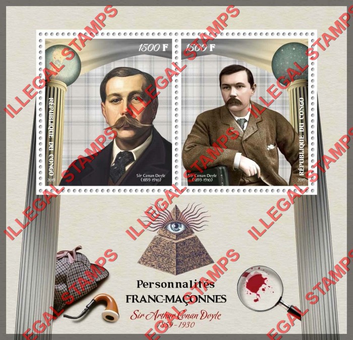 Congo Republic 2019 Freemasons Arthur Conan Doyle Illegal Stamp Souvenir Sheet of 2 Congo Republic 2019 Freemasons Arthur Conan Doyle Illegal Stamp Souvenir Sheet of 2