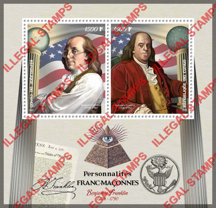 Congo Republic 2019 Freemasons Benjamin Franklin Illegal Stamp Souvenir Sheet of 2 Congo Republic 2019 Freemasons Benjamin Franklin Illegal Stamp Souvenir Sheet of 2