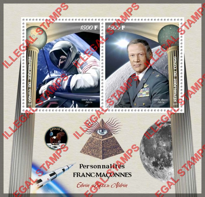 Congo Republic 2019 Freemasons Edwin Buzz Aldrin Illegal Stamp Souvenir Sheet of 2 Congo Republic 2019 Freemasons Edwin Buzz Aldrin Illegal Stamp Souvenir Sheet of 2