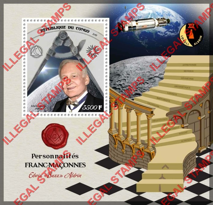 Congo Republic 2019 Freemasons Edwin Buzz Aldrin Illegal Stamp Souvenir Sheet of 1 Congo Republic 2019 Freemasons Edwin Buzz Aldrin Illegal Stamp Souvenir Sheet of 1
