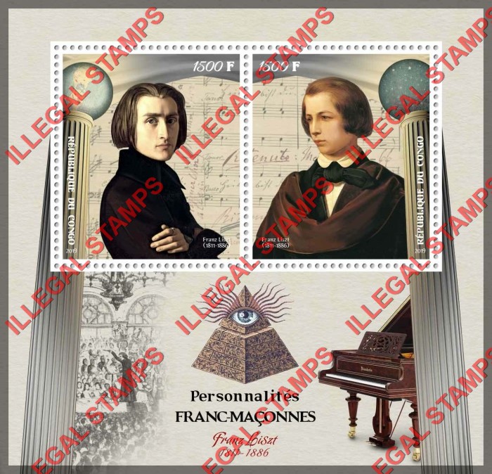 Congo Republic 2019 Freemasons Franz Liszt Illegal Stamp Souvenir Sheet of 2 Congo Republic 2019 Freemasons Franz Liszt Illegal Stamp Souvenir Sheet of 2