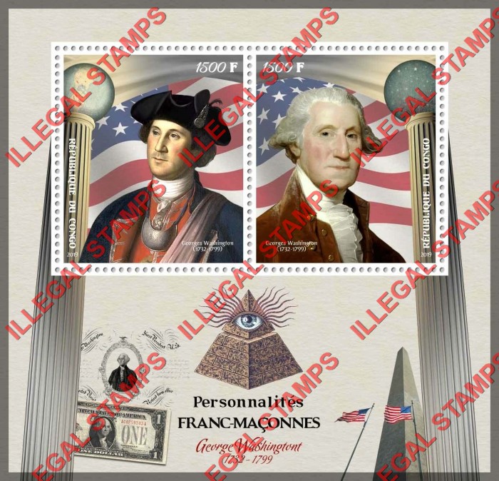 Congo Republic 2019 Freemasons George Washington Illegal Stamp Souvenir Sheet of 2 Congo Republic 2019 Freemasons George Washington Illegal Stamp Souvenir Sheet of 2
