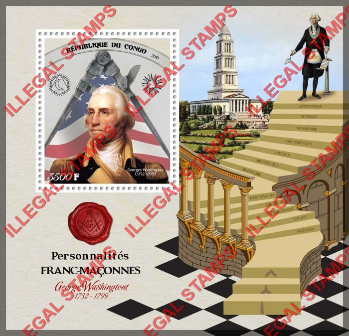 Congo Republic 2019 Freemasons George Washington Illegal Stamp Souvenir Sheet of 1 Congo Republic 2019 Freemasons George Washington Illegal Stamp Souvenir Sheet of 1