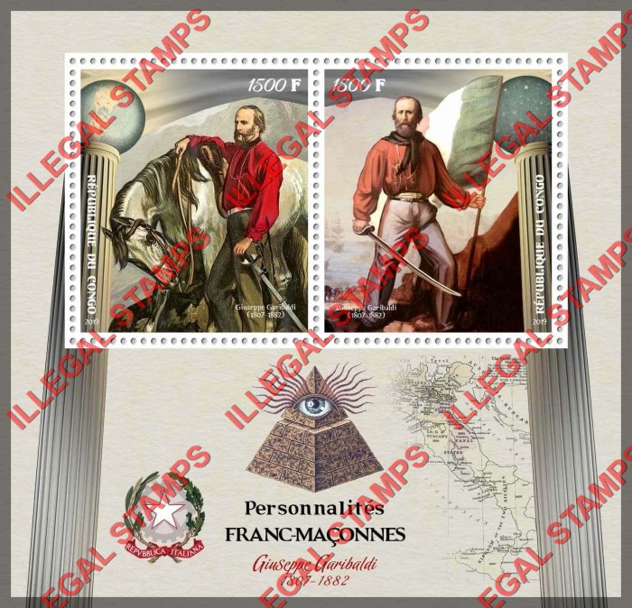 Congo Republic 2019 Freemasons Giuseppe Garibaldi Illegal Stamp Souvenir Sheet of 2 Congo Republic 2019 Freemasons Giuseppe Garibaldi Illegal Stamp Souvenir Sheet of 2