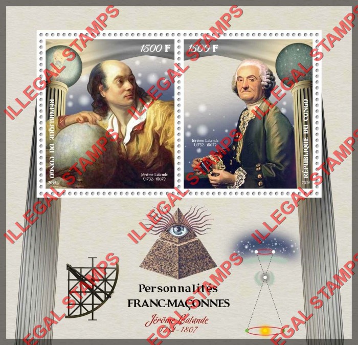 Congo Republic 2019 Freemasons Jerome Lalande Illegal Stamp Souvenir Sheet of 2 Congo Republic 2019 Freemasons Jerome Lalande Illegal Stamp Souvenir Sheet of 2