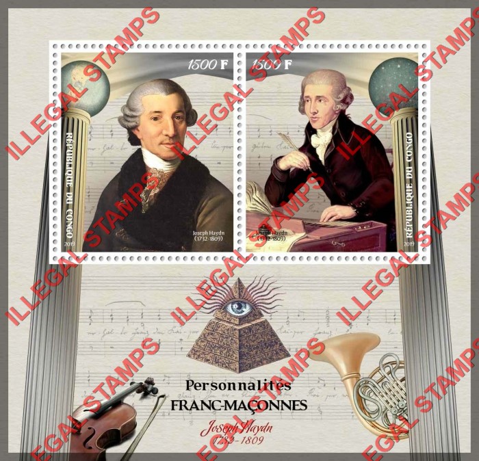 Congo Republic 2019 Freemasons Joseph Haydn Illegal Stamp Souvenir Sheet of 2 Congo Republic 2019 Freemasons Joseph Haydn Illegal Stamp Souvenir Sheet of 2