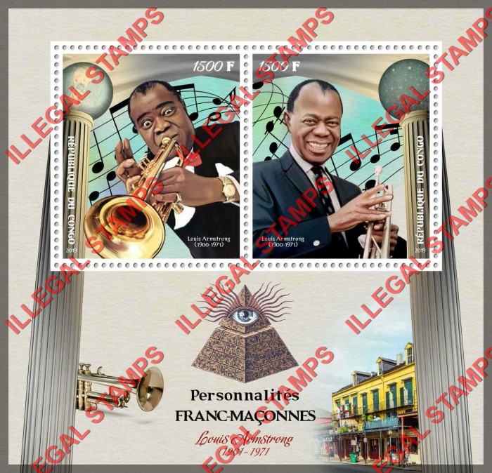 Congo Republic 2019 Freemasons Louis Armstrong Illegal Stamp Souvenir Sheet of 2 Congo Republic 2019 Freemasons Louis Armstrong Illegal Stamp Souvenir Sheet of 2