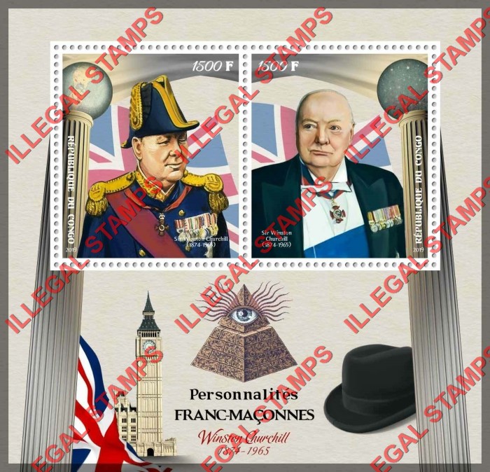 Congo Republic 2019 Freemasons Winston Churchill Illegal Stamp Souvenir Sheet of 2 Congo Republic 2019 Freemasons Winston Churchill Illegal Stamp Souvenir Sheet of 2