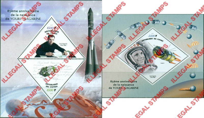 Congo Republic 2019 Youri Gagarine Illegal Stamp Souvenir Sheets of 2 and 1 Congo Republic 2019 Youri Gagarine Illegal Stamp Souvenir Sheets of 2 and 1