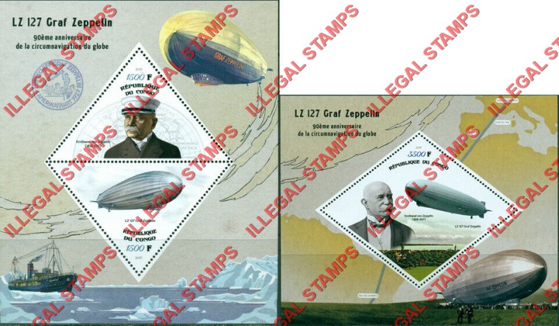 Congo Republic 2019 Graf Zeppelin Illegal Stamp Souvenir Sheets of 2 and 1 Congo Republic 2019 Graf Zeppelin Illegal Stamp Souvenir Sheets of 2 and 1