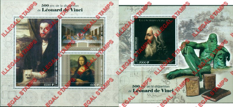 Congo Republic 2019 Leonard de Vinci Illegal Stamp Souvenir Sheets of 3 and 1 Congo Republic 2019 Leonard de Vinci Illegal Stamp Souvenir Sheets of 3 and 1