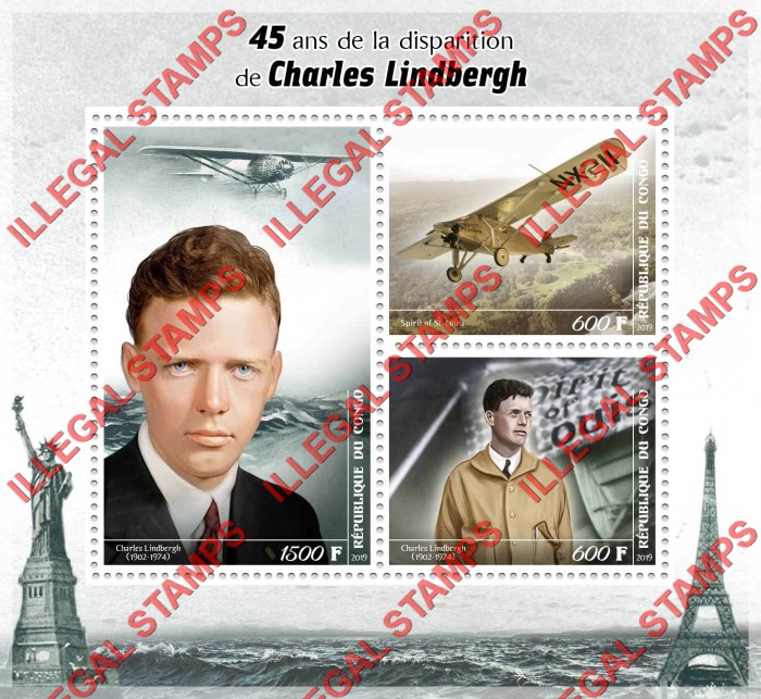 Congo Republic 2019 Charles Lindbergh Illegal Stamp Souvenir Sheet of 3 Congo Republic 2019 Charles Lindbergh Illegal Stamp Souvenir Sheet of 3