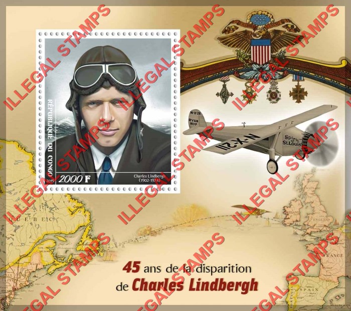Congo Republic 2019 Charles Lindbergh Illegal Stamp Souvenir Sheet of 1 Congo Republic 2019 Charles Lindbergh Illegal Stamp Souvenir Sheet of 1