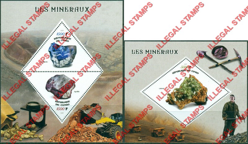 Congo Republic 2019 Minerals Illegal Stamp Souvenir Sheets of 2 and 1 Congo Republic 2019 Minerals Illegal Stamp Souvenir Sheets of 2 and 1