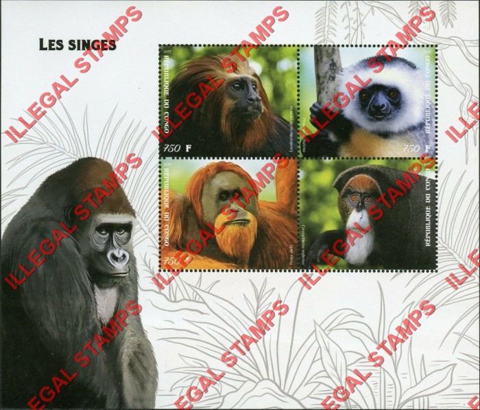 Congo Republic 2019 Monkeys Illegal Stamp Souvenir Sheet of 4 Congo Republic 2019 Monkeys Illegal Stamp Souvenir Sheet of 4