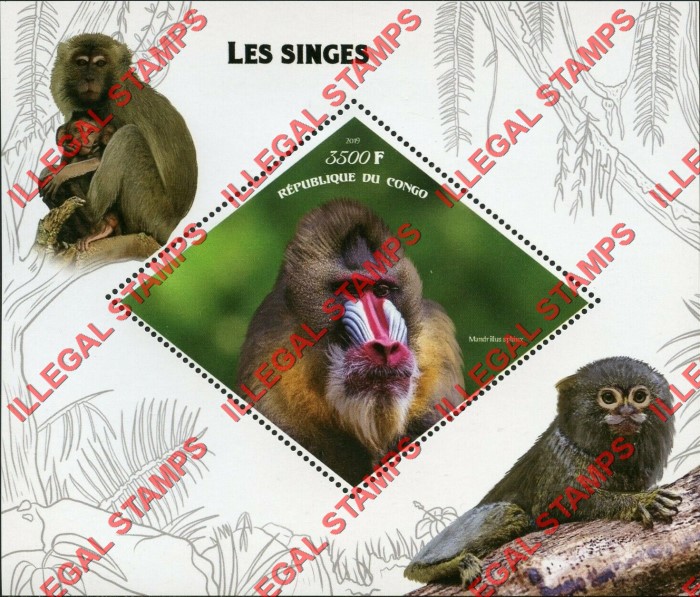 Congo Republic 2019 Monkeys Illegal Stamp Souvenir Sheet of 1 Congo Republic 2019 Monkeys Illegal Stamp Souvenir Sheet of 1