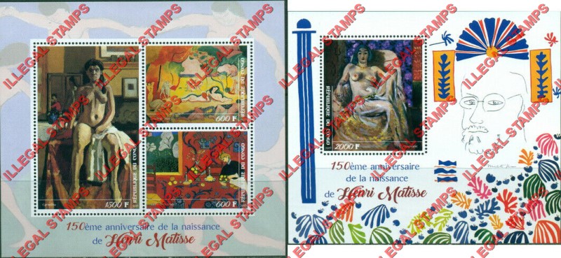 Congo Republic 2019 Paintings Matisse Illegal Stamp Souvenir Sheets of 3 and 1 Congo Republic 2019 Paintings Matisse Illegal Stamp Souvenir Sheets of 3 and 1